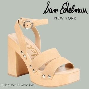 SAM EDELMAN Rosalind Wood Platform & Heel Stud Detailed Suede Sandals-9M/NWT